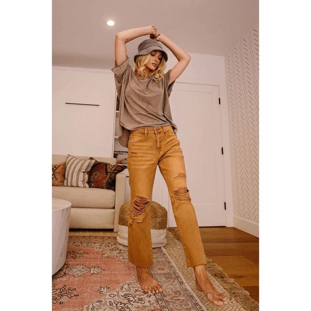Vervet Leslie Distressed Golden Mustard 90s Vintage Flare Jeans Size 26 - Picture 9 of 9